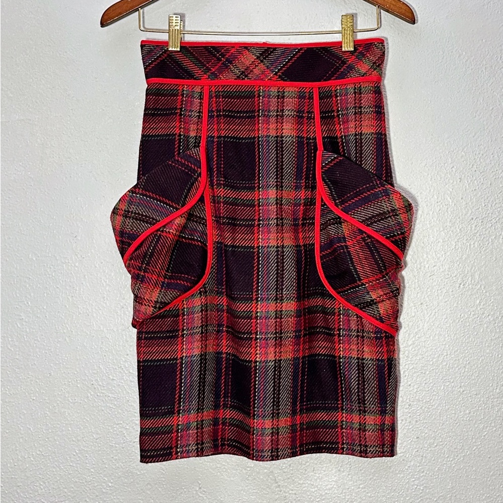 PLENTY by Tracy Reese Anthropologie Wool Midi Skirt Red Black Plaid Pockets SZ 2 - Picture 2 of 16